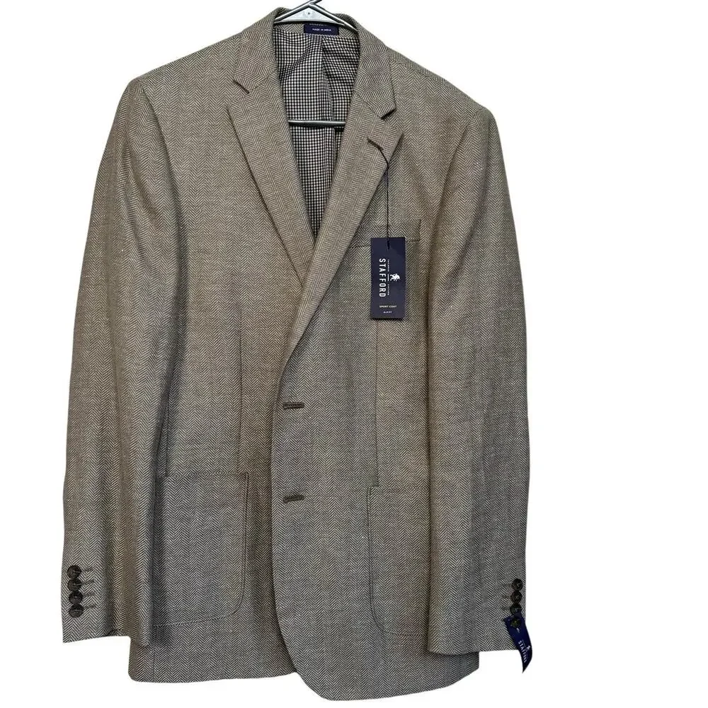 Stafford Men’s Taupe Herringbone Slim Fit Linen Wool Sports Coat Blazer Size 40L